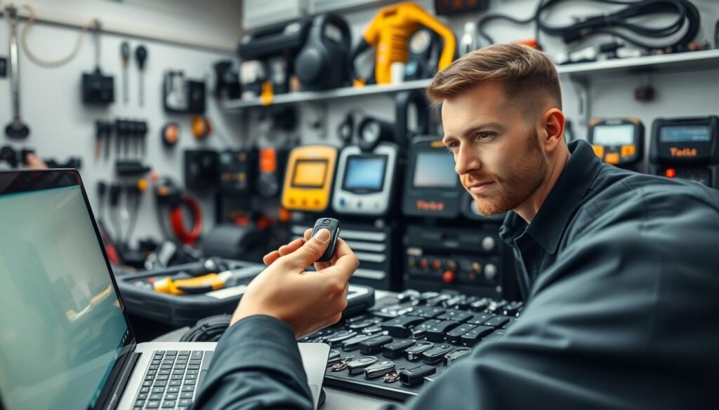 A well-lit workshop with an array of specialized tools and equipment. In the foreground, a car key is being carefully programmed by a skilled technician, the soft glow of a laptop screen illuminating their focused expression. In the middle ground, various makes and models of car keys are neatly organized, representing the breadth of services offered. The background showcases an impressive collection of automotive diagnostic machines, underscoring the technical expertise available. The scene exudes a sense of professionalism, attention to detail, and a commitment to providing high-quality key programming services.