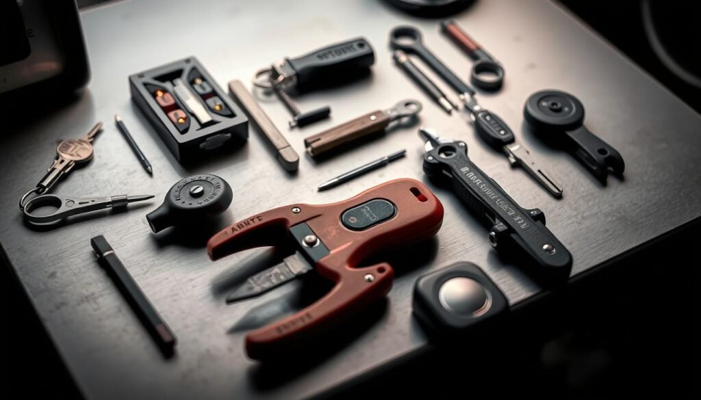 A well-organized workspace filled with a variety of specialized tools for car entry, including a lockpick set, a door wedge, a slim jim tool, and a magnetic key holder. The tools are neatly arranged on a clean, metal surface, with a professional, technical aesthetic. Soft, directional lighting illuminates the scene, casting subtle shadows and highlights to accentuate the precision and craftsmanship of the equipment. The overall mood is one of expertise, efficiency, and a commitment to providing a high-quality service. A well-organized workspace filled with a variety of specialized tools for car entry, including a lockpick set, a door wedge, a slim jim tool, and a magnetic key holder. The tools are neatly arranged on a clean, metal surface, with a professional, technical aesthetic. Soft, directional lighting illuminates the scene, casting subtle shadows and highlights to accentuate the precision and craftsmanship of the equipment. The overall mood is one of expertise, efficiency, and a commitment to providing a high-quality service.