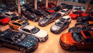 A wide variety of automobiles, ranging from sleek sports cars to rugged SUVs, are neatly arranged in a well-lit showroom. The scene is captured from a slightly elevated angle, providing a comprehensive overview of the diverse models. The lighting is warm and inviting, highlighting the intricate details and glossy finishes of the vehicles. The background is intentionally blurred, drawing the viewer's attention to the cars themselves. The composition is balanced, with the vehicles strategically positioned to create a visually appealing and harmonious display. This image aims to showcase the versatility and breadth of automotive options available, reflecting the section title's focus on "التعامل مع مختلف أنواع السيارات والموديلات".