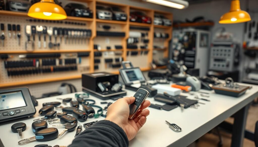 A workshop setting with a variety of car keys, remotes, and programming equipment arranged neatly on a clean, well-lit workbench. The focal point is a technician's hands delicately working on a car key, with a range of modern tools and gadgets surrounding them. The background features shelves stocked with various car models' keys and key accessories, creating a sense of expertise and comprehensive service offerings. Warm, soft lighting from overhead lamps casts a professional, inviting atmosphere, conveying the skilled, reliable nature of the automotive key services provided. A workshop setting with a variety of car keys, remotes, and programming equipment arranged neatly on a clean, well-lit workbench. The focal point is a technician's hands delicately working on a car key, with a range of modern tools and gadgets surrounding them. The background features shelves stocked with various car models' keys and key accessories, creating a sense of expertise and comprehensive service offerings. Warm, soft lighting from overhead lamps casts a professional, inviting atmosphere, conveying the skilled, reliable nature of the automotive key services provided.