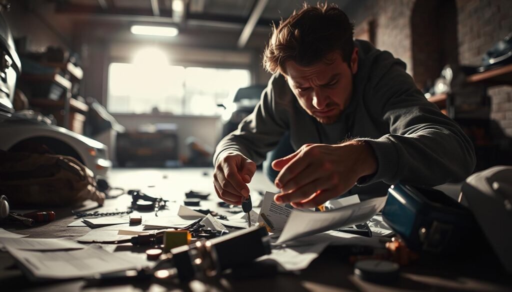 A worried person searching frantically for their car keys, scattered belongings strewn about on the floor of a dimly lit garage. Harsh shadows cast by a single overhead light create an atmosphere of stress and urgency. The scene is focused on the person's hands desperately sifting through papers and trinkets, with the background blurred to emphasize the task at hand. The lighting is dramatic, almost cinematic, conveying the sense of a critical moment in the narrative. The mood is one of frustration and anxiety, with the person's expression reflecting the internal struggle to find the missing keys before an important deadline.