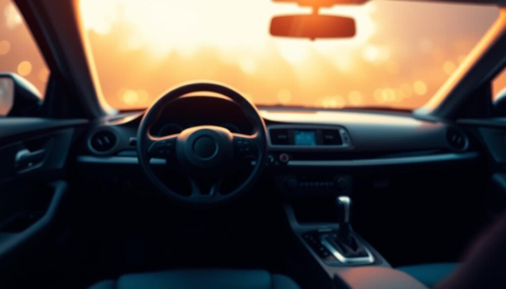 An abstract digital illustration of a car interior with a focus on the dashboard and steering wheel. The scene is well-lit, with soft, warm lighting creating a calming atmosphere. The composition features the steering wheel prominently in the foreground, with the dashboard and other interior details visible in the middle ground. The background is slightly blurred, emphasizing the central elements. The overall tone is minimalist and clean, conveying a sense of simplicity and organization. Subtle shadows and highlights add depth and dimension to the scene, creating a polished and professional aesthetic. An abstract digital illustration of a car interior with a focus on the dashboard and steering wheel. The scene is well-lit, with soft, warm lighting creating a calming atmosphere. The composition features the steering wheel prominently in the foreground, with the dashboard and other interior details visible in the middle ground. The background is slightly blurred, emphasizing the central elements. The overall tone is minimalist and clean, conveying a sense of simplicity and organization. Subtle shadows and highlights add depth and dimension to the scene, creating a polished and professional aesthetic.