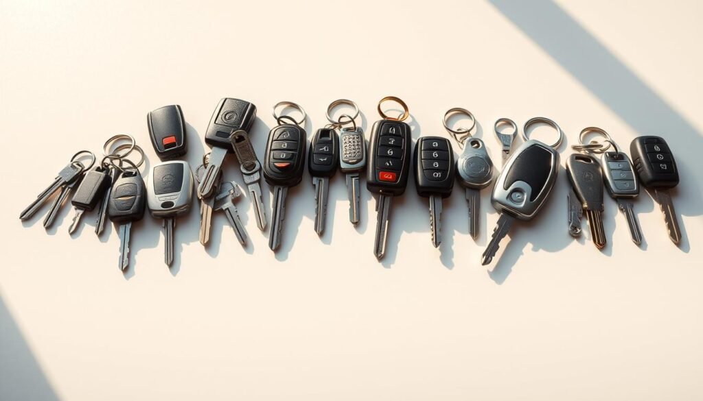 An assortment of car keys in various shapes, styles, and materials neatly arranged on a sleek, minimalist surface. The keys cast soft shadows, creating a sense of depth and dimension. Warm, natural lighting illuminates the scene, highlighting the metallic textures and diverse key designs. The composition is balanced and symmetrical, with the keys positioned to showcase their unique features. The overall mood is one of precision, organization, and the professionalism of a well-equipped car key service.