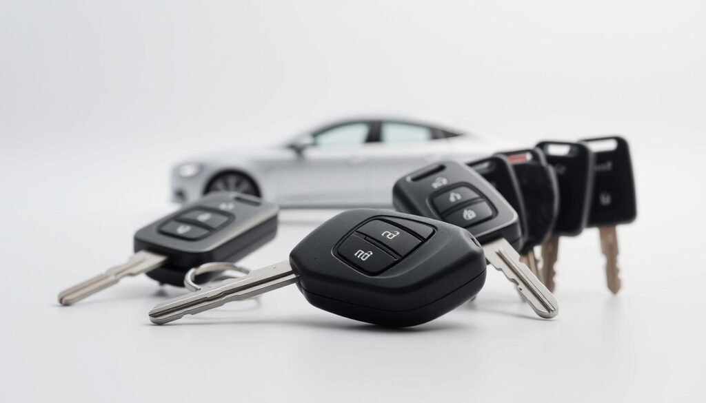 An expertly crafted image of car keys, meticulously arranged against a clean, minimalist backdrop. The keys, rendered in high detail, glimmer under soft, directional lighting, conveying a sense of professionalism and precision. The middle ground features a subtle, blurred silhouette of a modern sedan, hinting at the vehicles these keys belong to. The background is a serene, neutral palette, allowing the keys to take center stage as the focal point. The overall composition exudes a calming, confident atmosphere, reflecting the skilled, trustworthy nature of the key programming services offered.