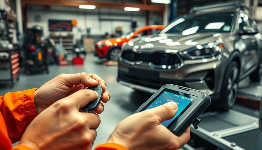 An image of a person programming a car key fob using a specialized device, set against the backdrop of a modern automotive workshop. The foreground shows the focused hands of the technician, the key fob's delicate components, and the programming interface. The middle ground features various car parts, tools, and workbenches, conveying a professional, high-tech atmosphere. The background showcases the sleek, sophisticated design of a Kia vehicle, highlighting the seamless integration between the car and its customized key fob. The lighting is warm and precise, emphasizing the intricate details of the programming process. The overall mood is one of precision, expertise, and the marriage of technology and automotive engineering.