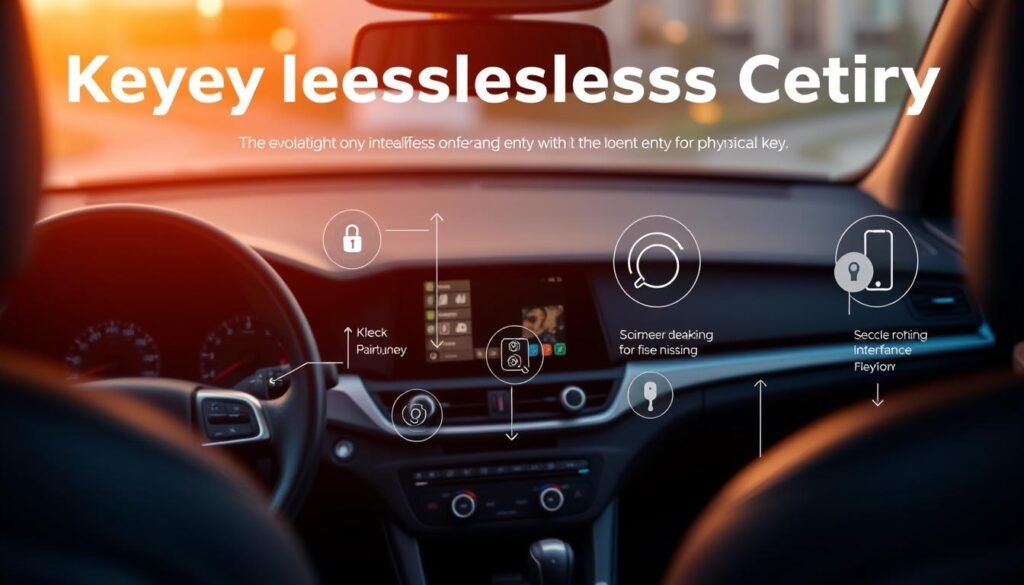 An interior view of a car, showcasing the evolution of keyless entry technologies over time. The dashboard, steering wheel, and door handles are in focus, highlighting the various mechanisms and interfaces used to unlock and open the vehicle without a physical key. Warm, ambient lighting creates a sense of sophistication, while the background is softly blurred to emphasize the central elements. The composition conveys the seamless, intuitive experience of modern keyless access, blending mechanical and digital components in a sleek, modern design. An interior view of a car, showcasing the evolution of keyless entry technologies over time. The dashboard, steering wheel, and door handles are in focus, highlighting the various mechanisms and interfaces used to unlock and open the vehicle without a physical key. Warm, ambient lighting creates a sense of sophistication, while the background is softly blurred to emphasize the central elements. The composition conveys the seamless, intuitive experience of modern keyless access, blending mechanical and digital components in a sleek, modern design.