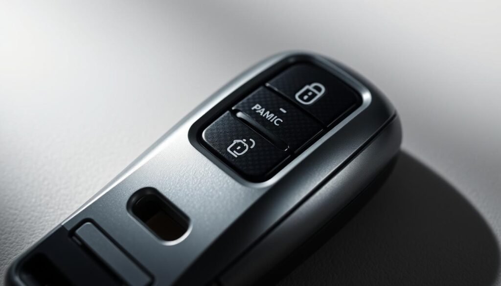 Detailed close-up view of a modern car key fob with various safety and security features. The metallic body has a sleek, minimalist design with subtle textures and reflections. Prominently displayed are the panic button, lock/unlock buttons, and the car's logo, all highlighted by soft, directional lighting that casts dramatic shadows. The key fob is situated against a neutral, slightly blurred background, creating a sense of focus and emphasis on the security technology. The overall mood is one of sophistication, reliability, and technological advancement in automotive key systems.