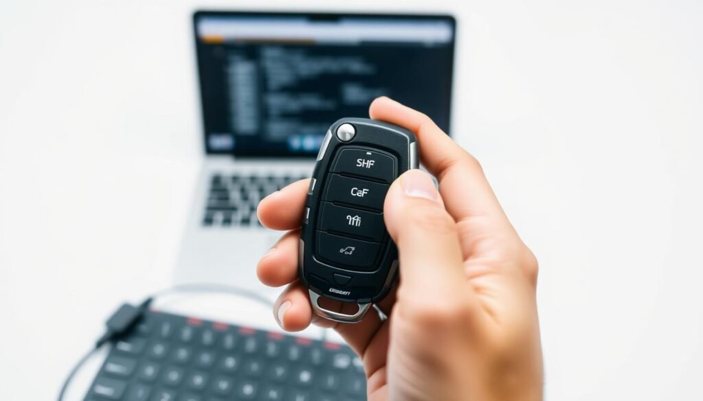 Detailed image of a car key fob being programmed, set against a clean white background. The key fob is centered in the frame, with a partially blurred hand holding it and a laptop or diagnostic tool visible in the background. The key fob is illuminated from the side, creating a sense of depth and highlighting the intricate mechanics and electronic components. The lighting is soft and even, creating a professional, technical atmosphere. The camera angle is slightly elevated to provide a clear view of the key fob's details. The overall composition emphasizes the process of key programming in a step-by-step, instructional manner.