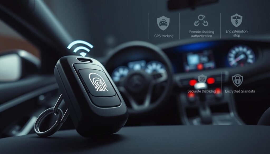 Detailed image of smart car key security systems. Sleek modern car key with biometric sensor and digital display in the foreground. Middle ground shows key unlocking car via wireless signal, with security authentication on the dashboard. Background depicts an array of security features including GPS tracking, remote disabling, and encrypted data transmission. Soft lighting emphasizes the high-tech, premium feel. Angles showcase the key's ergonomic design and integrated functionality. Conveys a sense of advanced automotive security and convenience for the discerning driver. Detailed image of smart car key security systems. Sleek modern car key with biometric sensor and digital display in the foreground. Middle ground shows key unlocking car via wireless signal, with security authentication on the dashboard. Background depicts an array of security features including GPS tracking, remote disabling, and encrypted data transmission. Soft lighting emphasizes the high-tech, premium feel. Angles showcase the key's ergonomic design and integrated functionality. Conveys a sense of advanced automotive security and convenience for the discerning driver.