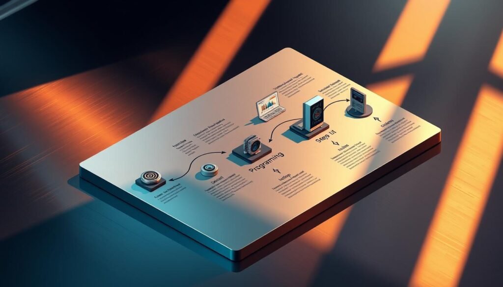 Detailed isometric illustration of a step-by-step programming workflow on a sleek, metallic surface. Crisp, high-resolution graphics showcase the process from ideation to execution, with icons and infographic elements representing each stage. Warm, directional lighting illuminates the scene, casting shadows that add depth and dimensionality. The overall mood is one of precision, professionalism, and technical expertise, capturing the essence of the "خطواتنا الاحترافية في خدمة البرمجة من لحظة اتصالك" section.