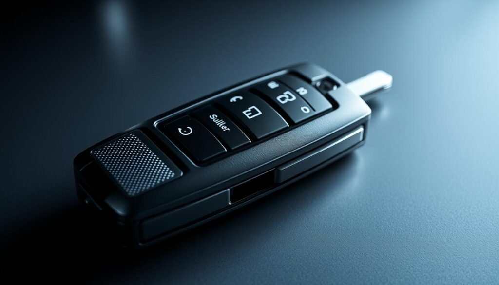 High-quality professional car key with precise engineering and intricate mechanical components. Sleek metallic surface with a textured grip, illuminated buttons, and a modern, minimalist design. Captured in a well-lit studio setting with dramatic lighting and shadows to accentuate the key's form and technical details. The image should convey a sense of precision, sophistication, and the tools required for advanced automotive diagnostics and programming.